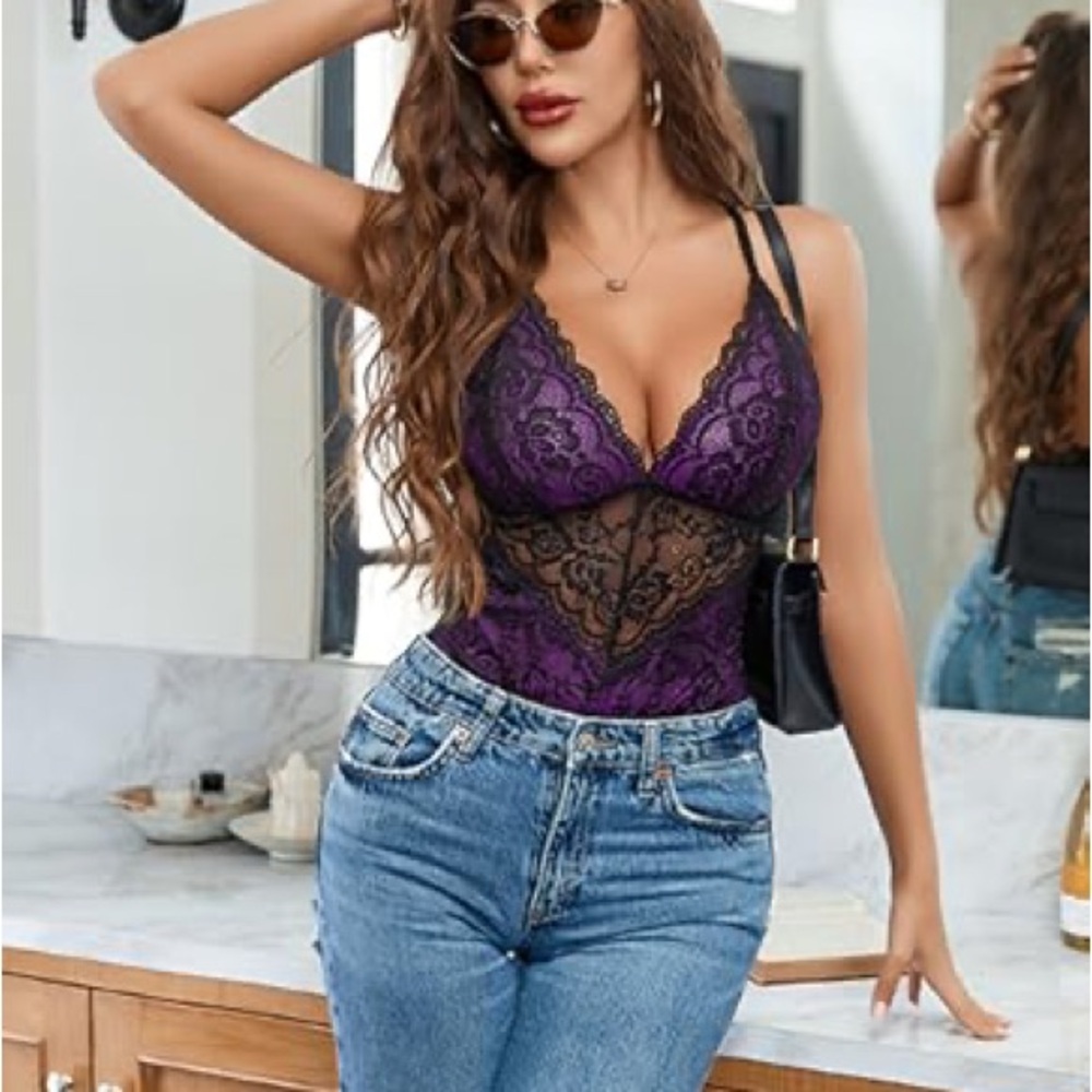 Avidlove Lace Bodysuit XXL Purple Black Teddy Lingerie Mesh Stretch